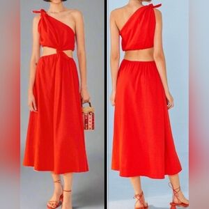 FARM Rio One-Shoulder Cutout Detail Linen Blend Summer Midi Dress Women's L